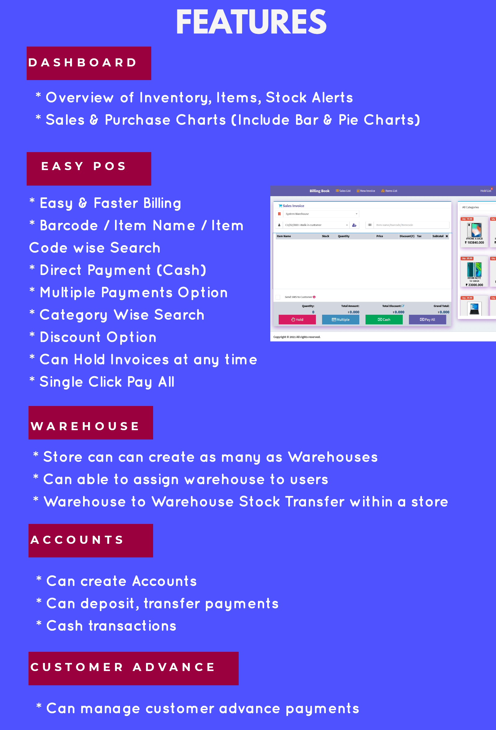 Billing - Advanced POS, Inventory, Accounting, Warehouse, Multi Users, GST Ready - Feature showcase 1